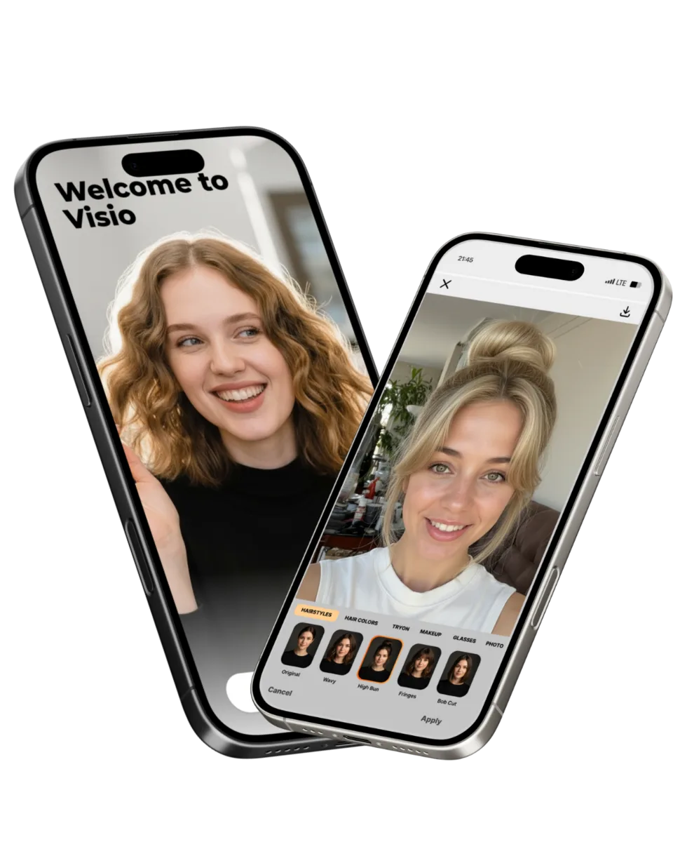 Visio on two iPhones: the welcome screen and the hairstyle editor