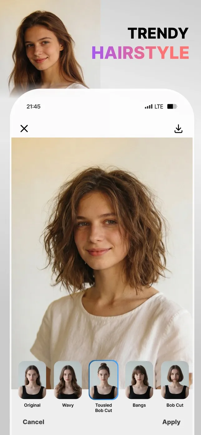 Visio screen: trying a new hairstyle on a selfie